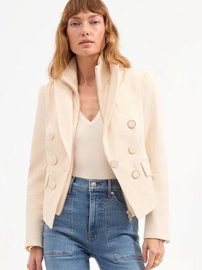 Veronica Beard Cream Diego Double-Breasted Pebble Blazer with Gold Ring Buttons